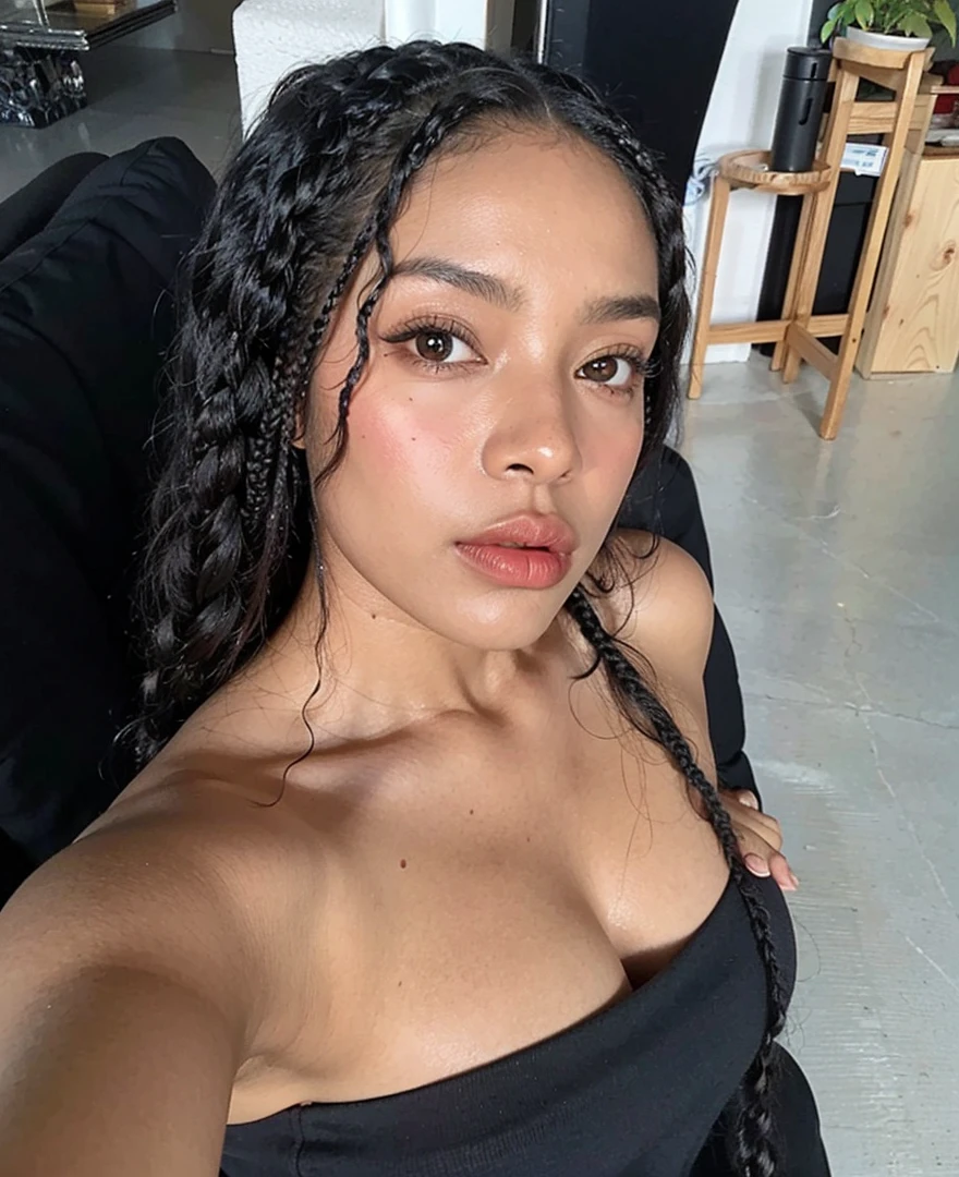 um close de uma mulher com uma blusa preta, black girl inspired, long black braids, pintinhas no rosto, linda mulher, long black braided hair, taken at the beginning of 2020, com pele morena, long black braided hair, beautiful aesthetic, linda linda mulher, black and asian girl, Senhora deslumbrante, ela tem pele morena, olhos puxados, boca desenhada, seios bonitos