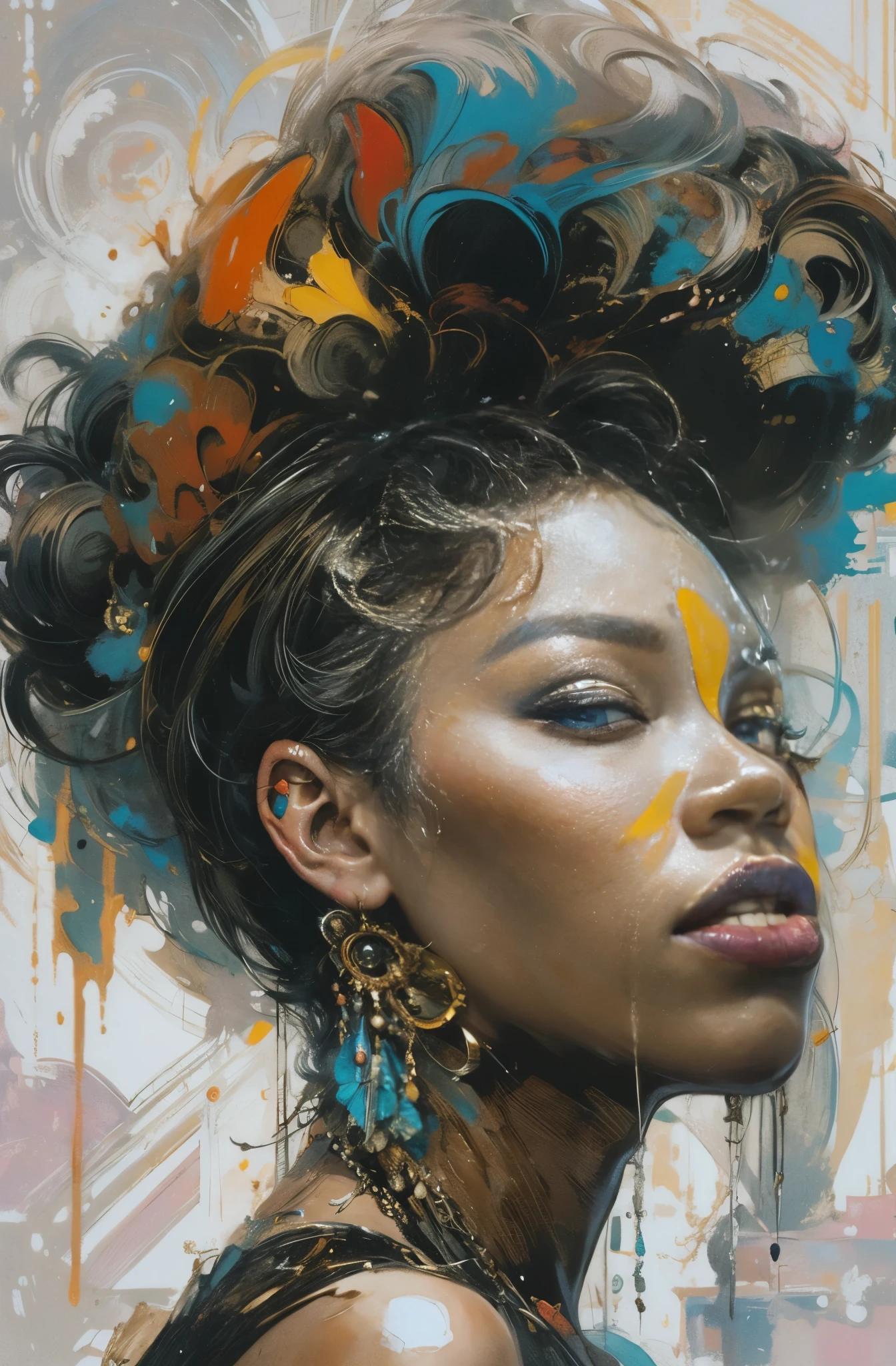 Beautiful Black Women Paintings, pretty much beautiful face, Female Rapper, Queen of Hip Hop, soulful, Avant-garde, Empress of the Streets, Street fashion guide, check it out, Ultra-detailed paintings inspired by WLOP, art station trends, fantasy art, A complicated mess, The art of hitting, wallop art, WLOP |, wallop style, beautiful character drawings, Wlop painting style, WLOP | germ of art, Unparalleled Beauty Tumbler, figurative art, intense watercolor, watercolor detailed art, watercolor splash, surreal, avant-garde pop art, Beautiful and expressive paintings, Beautiful artwork illustration, very colorful tones, wonderful, cool beauty, masterpiece, highest quality, official art, women only, sharp outline, best shot, vector art, Written by Sandra Chevrier, dave mckean、By Richard Avedon、Written by Makiezi Kusiala, luminous design