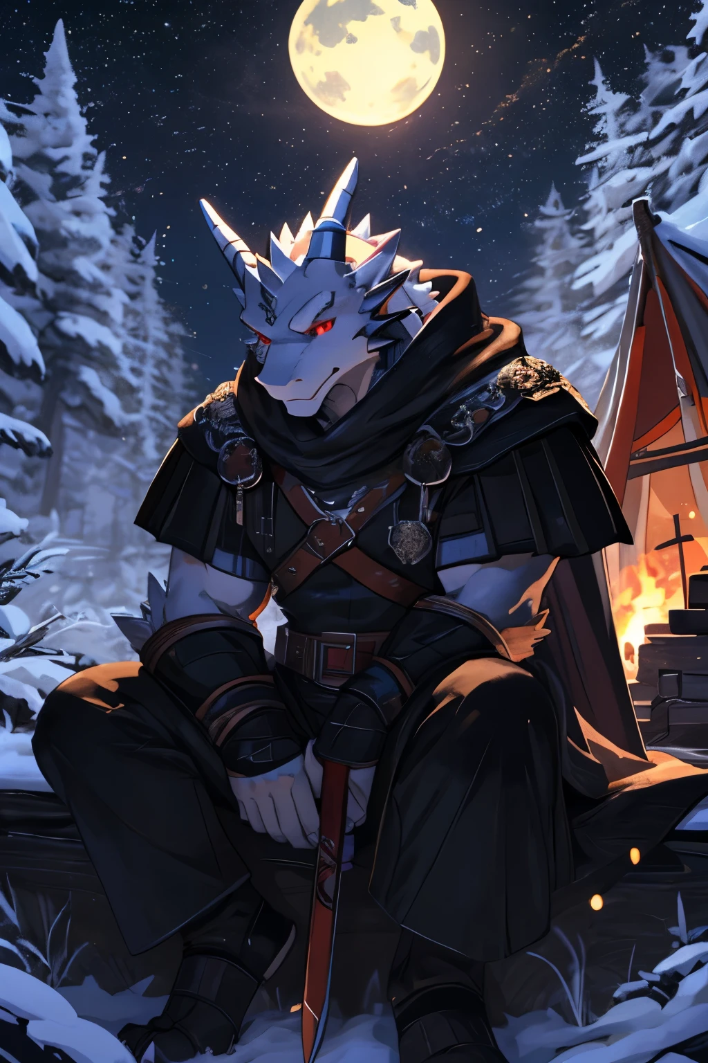 solo, kemono, (dragon), anthro, male, ((white body red eyes)), scales, tail, muscles, handsome, metal armor, medieval, fantasy, outdoors, outside, dark, night, forest, campfire, camp, stars, sitting, toe claws, epic, depth of field, perfect lighting, (light particles),(best quality),(masterpiece),(ultra detailed),sharp focus,light particles, holding sword
