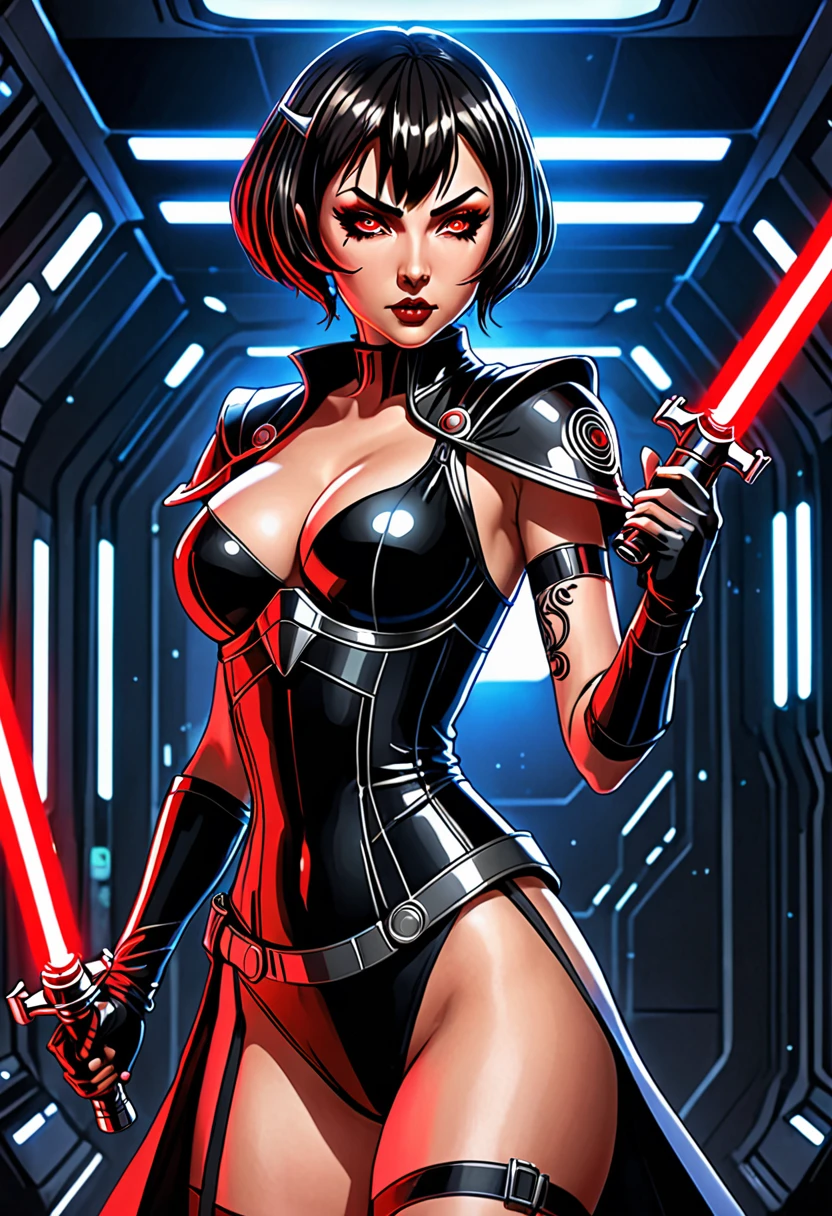 (Anime Line Art) A sexy Sith Warlord (alien, big breasts, fierce body tattoos, small fighting costume, looks unhinged, wielding a red light saber) is dueling with a Jedi woman (big butt, small breasts, sailor school outfit with scifi gadgets, short hair, big eyes, calm and composed, masterfully deflecting the sith attacker), set in a sci-fi high technology building