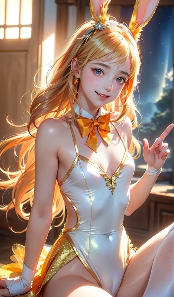 masterpiece, best quality, extremely detailed CG unity 8k wallpaper, (Upper Body head close-up shot of a beautiful little girl), , Elegant Long straight blonde hair, (Mckenna Grace), (flat chest,thighs), (orange-blue) golden (Glittering tutu,long Bunny Ear Headgear, , Bow-tie, No panties, genitals visible), (spread legs), (Blush), oil skin, (seductive smile), (Wonderland), pretty face, key art, award winning, intricate detail realism hdr, by (ruan jia and artgerm and range murata), Photorealism, Hyperrealism, ultra realistic, dramatic light, intense shadows, gorgeous view, depth of field
 
