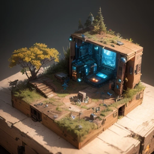 3598年Mars realistic model, (bifurcation, original photo, best quality, masterpiece:1.4),SteampunkCyberpunk6820 City,(CyberpunkMars light:1.3), Mars (related to land),(in a small nature box:1.3),Isometric, small nature, landscape on foundation,landscape,