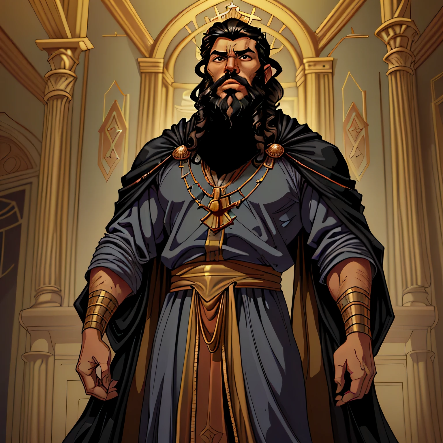 best quality image, man, king, 40 years old, short curly black hair, with thick beard, standing in a biblical style royal room, wearing biblical style royal clothes, expressive face, staring straight ahead, biblical style, Hebrew