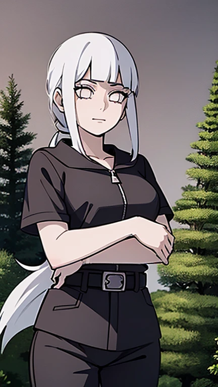 Masterpiece, Best quality, High accuracy, 1girl, Single, Kocho Shinobu, Sharp, light white eyes with a Sharingan , White hair, long hair , Parted bangs, Black pants, Black jacket, robin's hair, Akama, Kunoichi, M. Long, belt,, forest, a night, Moon, calm smile, Naruto