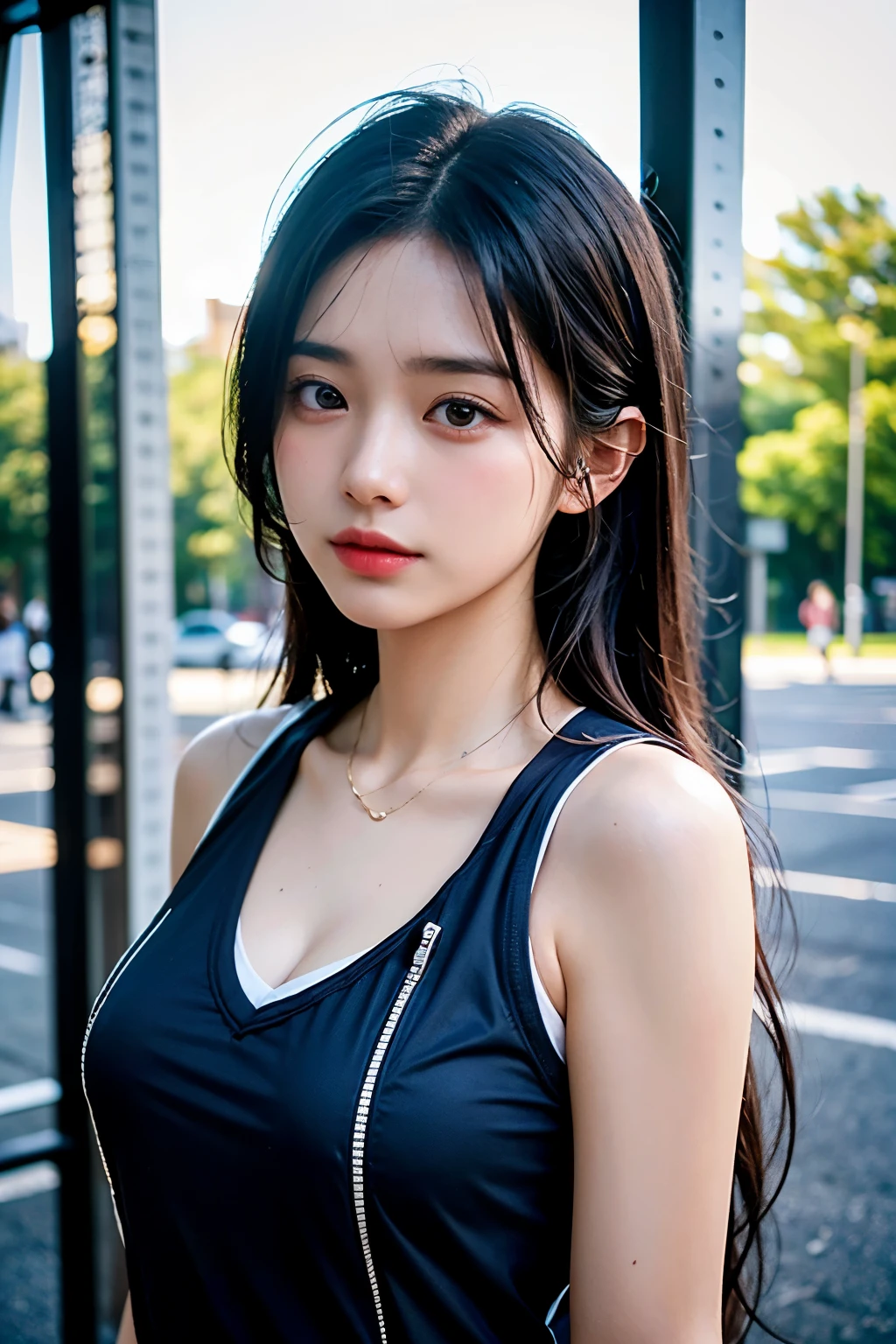 (1 nogizaka girl,ager,raw photo,photo realistic:1.5),(best quality, high quality,HDR, highest quality,ultra high resolution,high resolution,high res,ultra high difinition,huge file size,8K,2K wallpaper,8K wallpaper,high quality texture,amazing,an extremely delicate:1.4),one girl, Japanese famous idol,beautiful face,small face,absurd,ridiculous,incredibly ridiculous,portrait,breasts close up,blurry background,(gym uniform,natural makeup:1.3),medium skin,beautiful skin,small head,black hair,silky hair,(Japanese eyes:1.3),black eyes,Japanese idol eyes,Japanese nose,(eyebrow:-0.5),(Light Particles, Lens Flare, Luminous Particles: 0.7),looking at viewer,bright lighting,professional lighting,girl