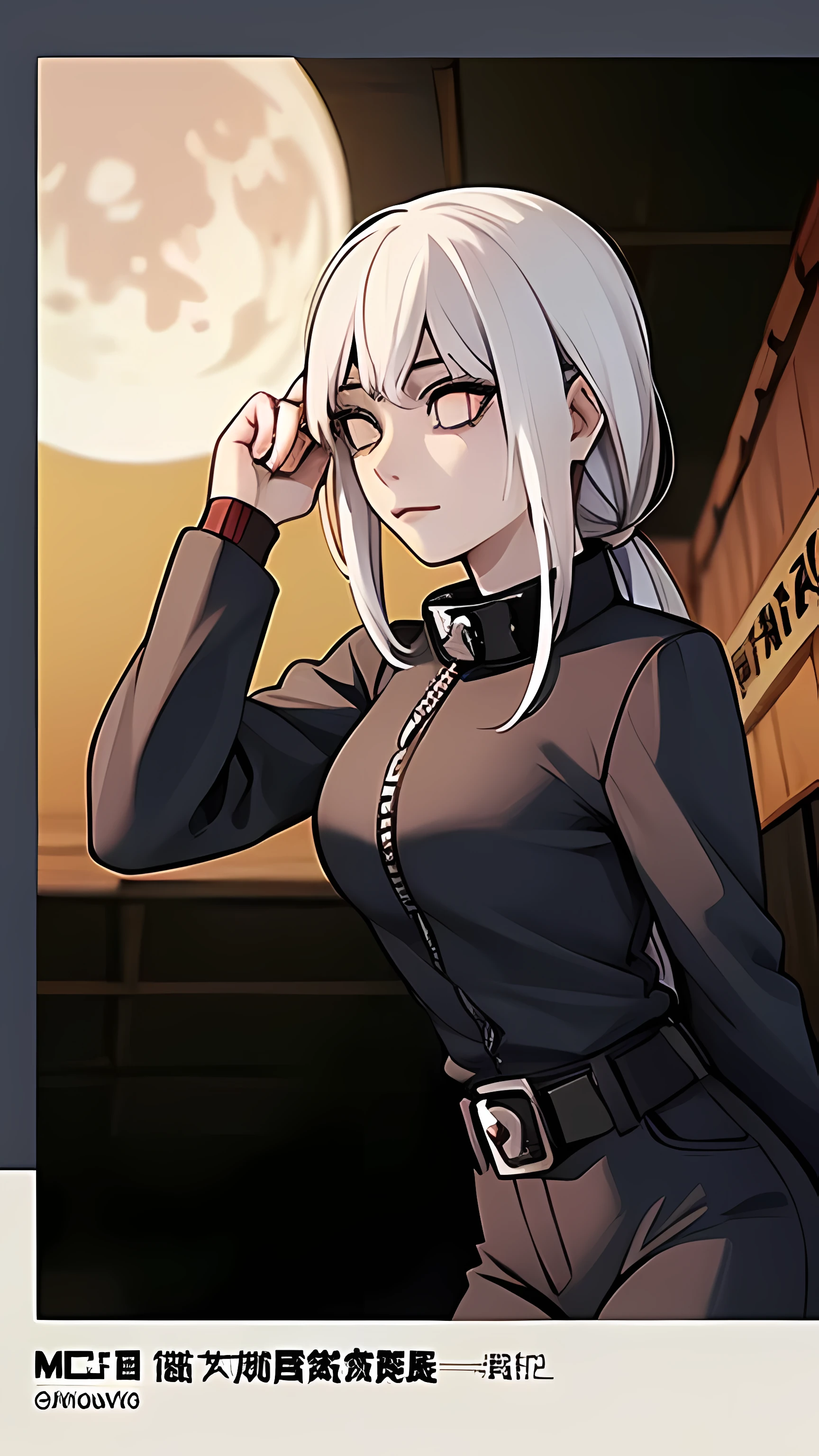 Masterpiece, Best quality, High accuracy, 1girl, Single, Kocho Shinobu, Sharp, light white eyes with a Sharingan , White hair, long hair , Parted bangs, Black pants, Black jacket, robin's hair, Akama, Kunoichi, M. Long, belt,, forest, a night, Moon, calm smile, Naruto
