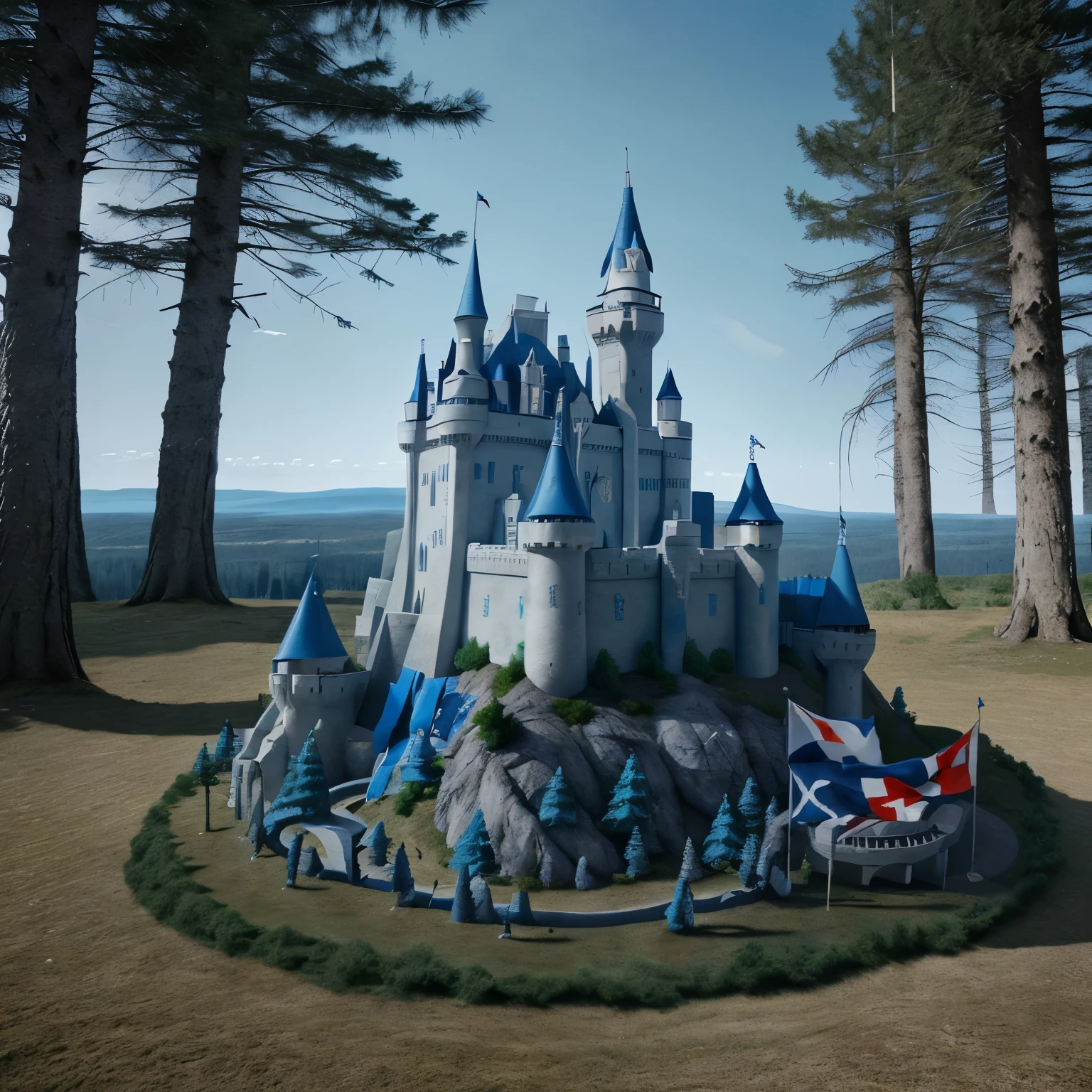 Make a castle with shades of blue and flags with a wolf, in a plain with forest 