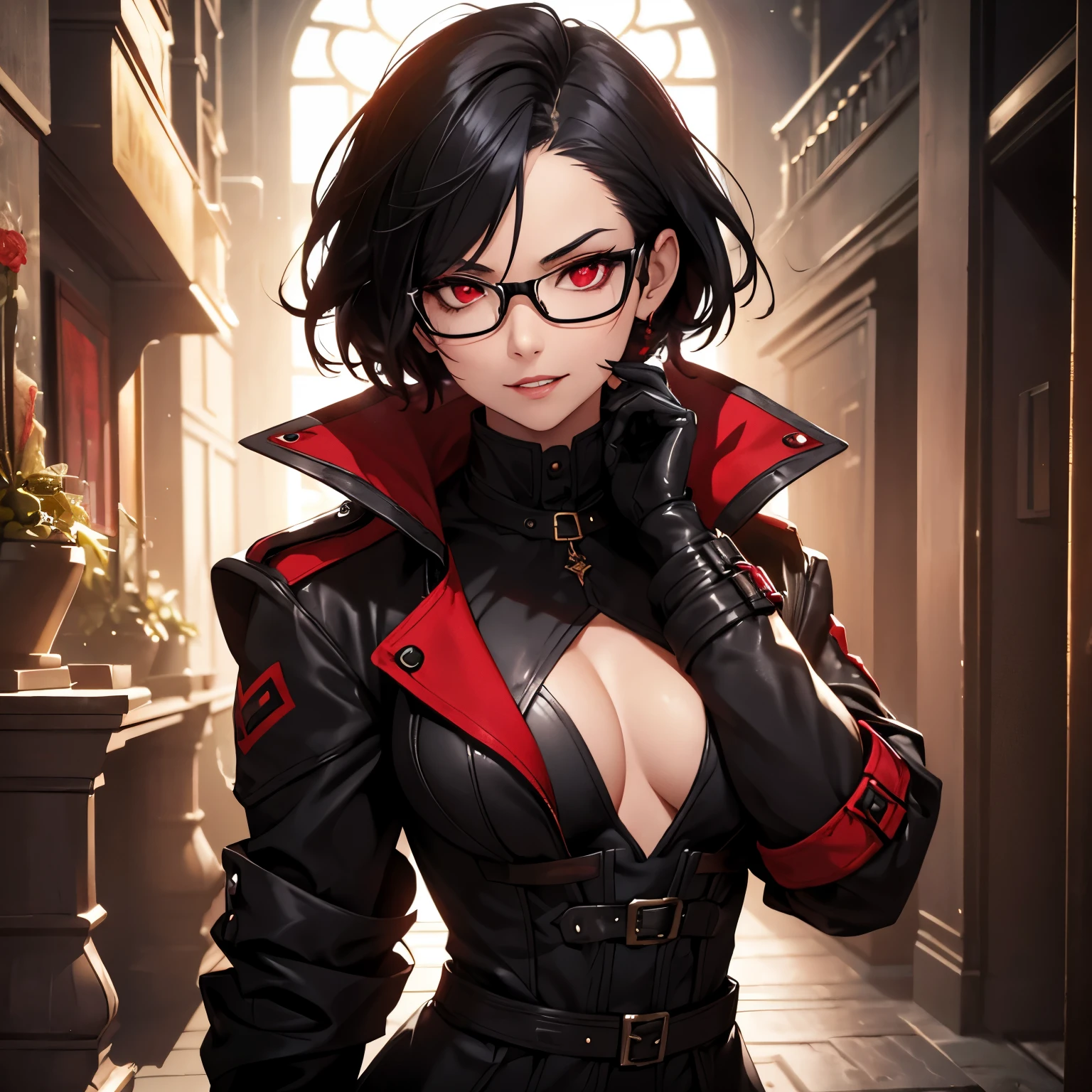 Young Female, Vampire, Black Hair, Short Hair, Red Eyes, Glasses, high-res portrait, Vibrant Colors, soft lighting, Trench Coat, Open Breast Tea, Mischievous, Gauntlets, Confident Expression, Vampire Fangs, 3D, Realistic, HDR, Very Detailed, HD, Background, Masterpiece