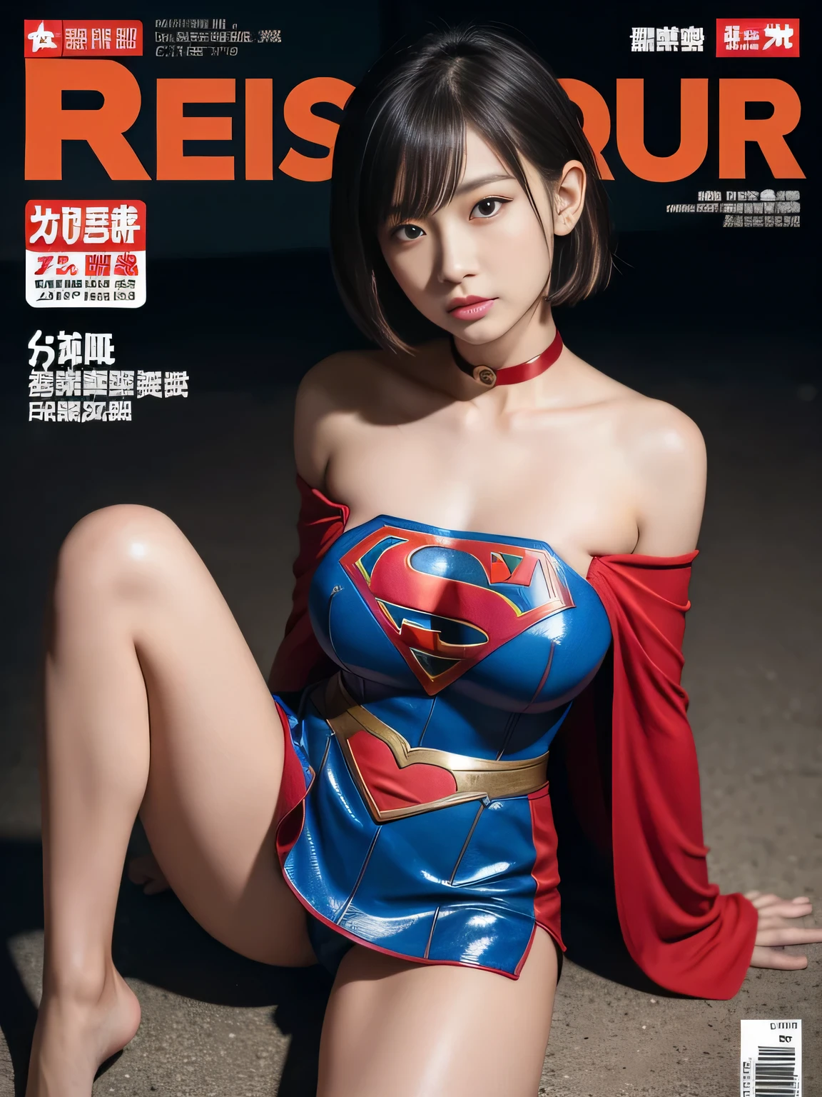 masterpiece、supergirl costume、short hair、barefoot、big and full breasts、Crisis situation、dungeon、operating table、straddle、sweaty、shiny、look at the camera、provoke、Estrus、choker、Weekly magazine cover、long sleeve、red mini skirt、obscene、seductive pose、Glamorous、off shoulder、model body shape、Oily Skin、charm、charming、abused、