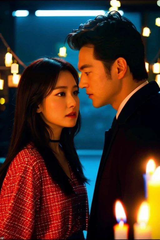 They are looking at each other with candles in their hands, movie stills 8k, 8 0 Seconds Asian Neon Movie Still, Highlight scenes from the movie, 8K movie stills, still in the movies, still in the movies, Still in live action movies, portrait photography, screenshot from a movie, High-resolution video stills, high quality film stills
