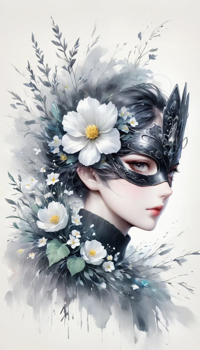 Anime line drawing，black and white，mask，flower