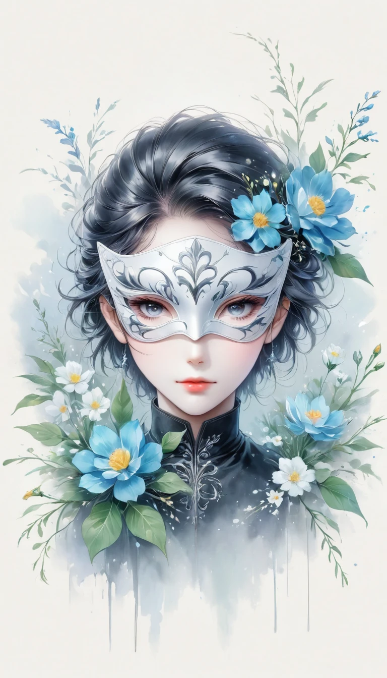 Anime line drawing,black and white,mask,flower