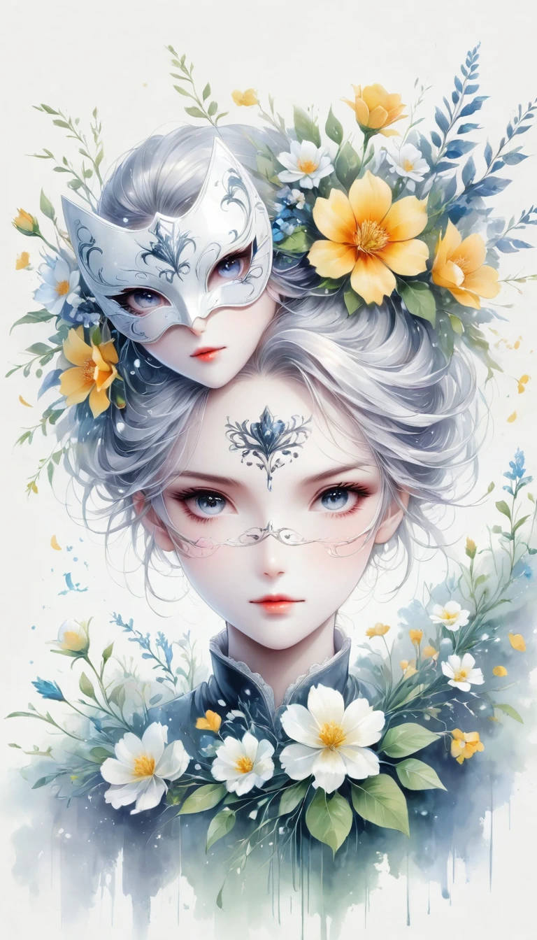 Anime line drawing,black and white,mask,flower