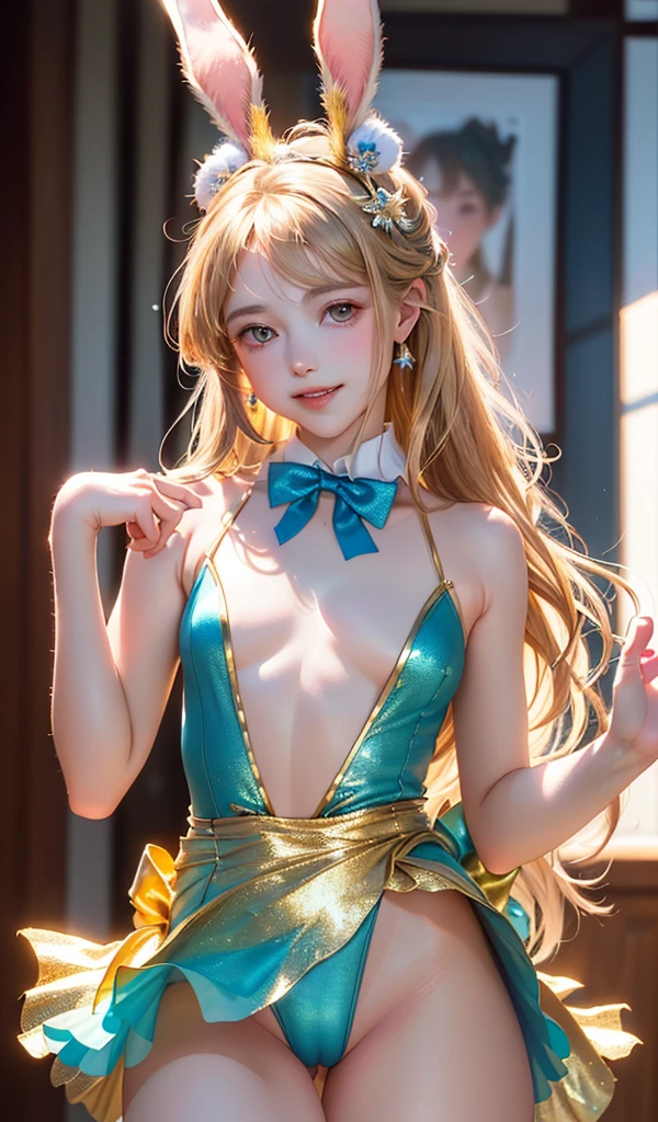 masterpiece, best quality, extremely detailed CG unity 8k wallpaper, (Upper Body head close-up shot of a beautiful ), , Elegant Long straight blonde hair, (Mckenna Grace), (flat chest,thighs), (Brown-blue) golden (Glittering tutu,long Bunny Ear Headgear, , Bow-tie, No panties, genitals visible), (spread legs), (Blush), oil skin, (seductive smile), (Wonderland), pretty face, key art, award winning, intricate detail realism hdr, by (ruan jia and artgerm and range murata), Photorealism, Hyperrealism, ultra realistic, dramatic light, intense shadows, gorgeous view, depth of field