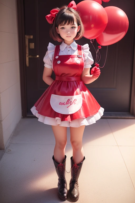 a 11 years old girls, (((she is having a red balloon))) , real photo, (((full body))), (looking down at me),  bob hair, big ribbon on he hair, (apron leather dress), boots,