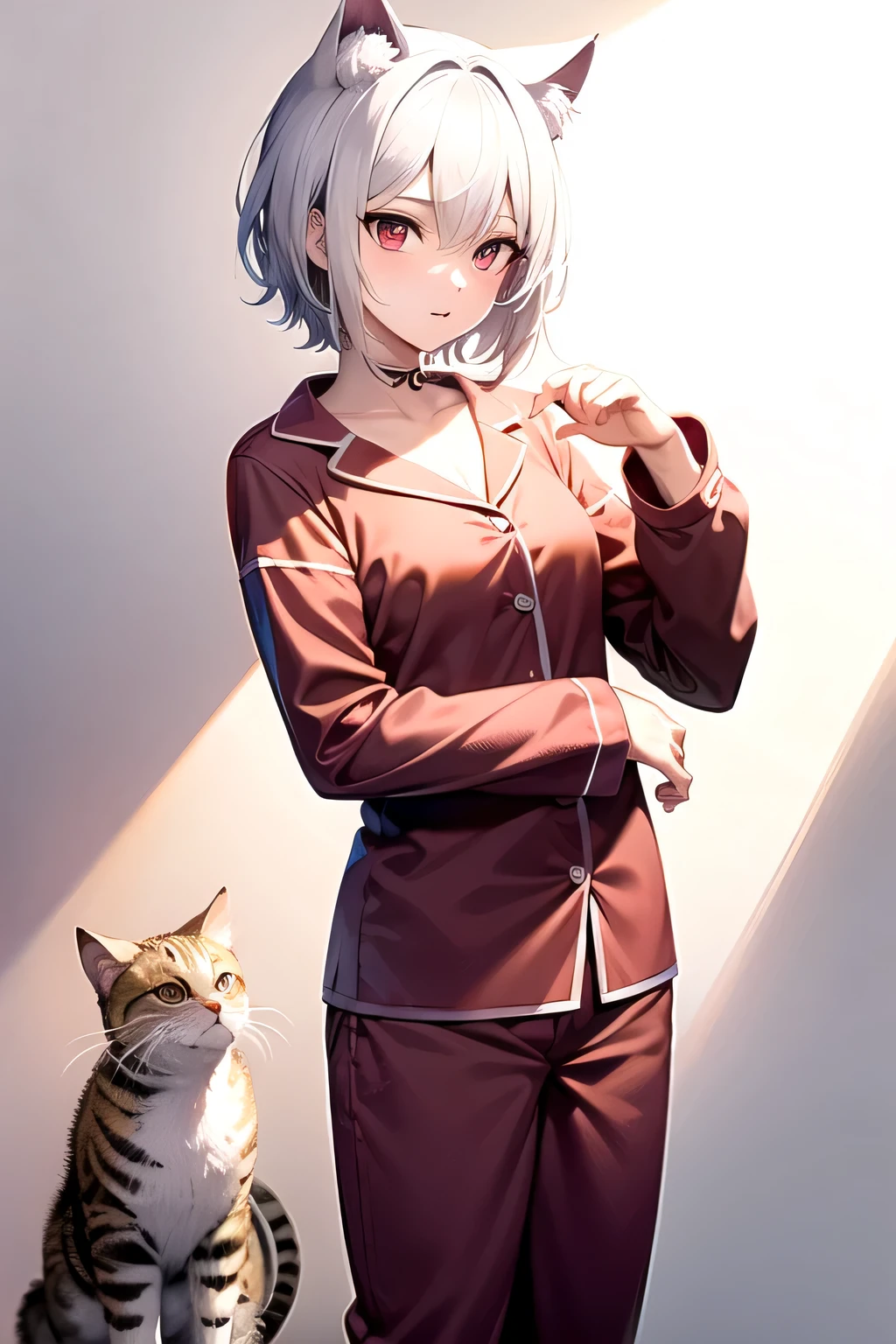 White hair, short hair, cat ears, fluffy pajamas, red eyes, standing portrait, white background