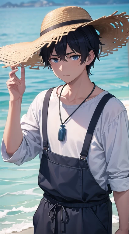 male, Sincere and hardworking, Short, untidy black hair, A calm but passionate gaze in sea-blue, Stocky build, A pendant symbolizing seafood, Fisherman's practical attire with traditional rice farming hat