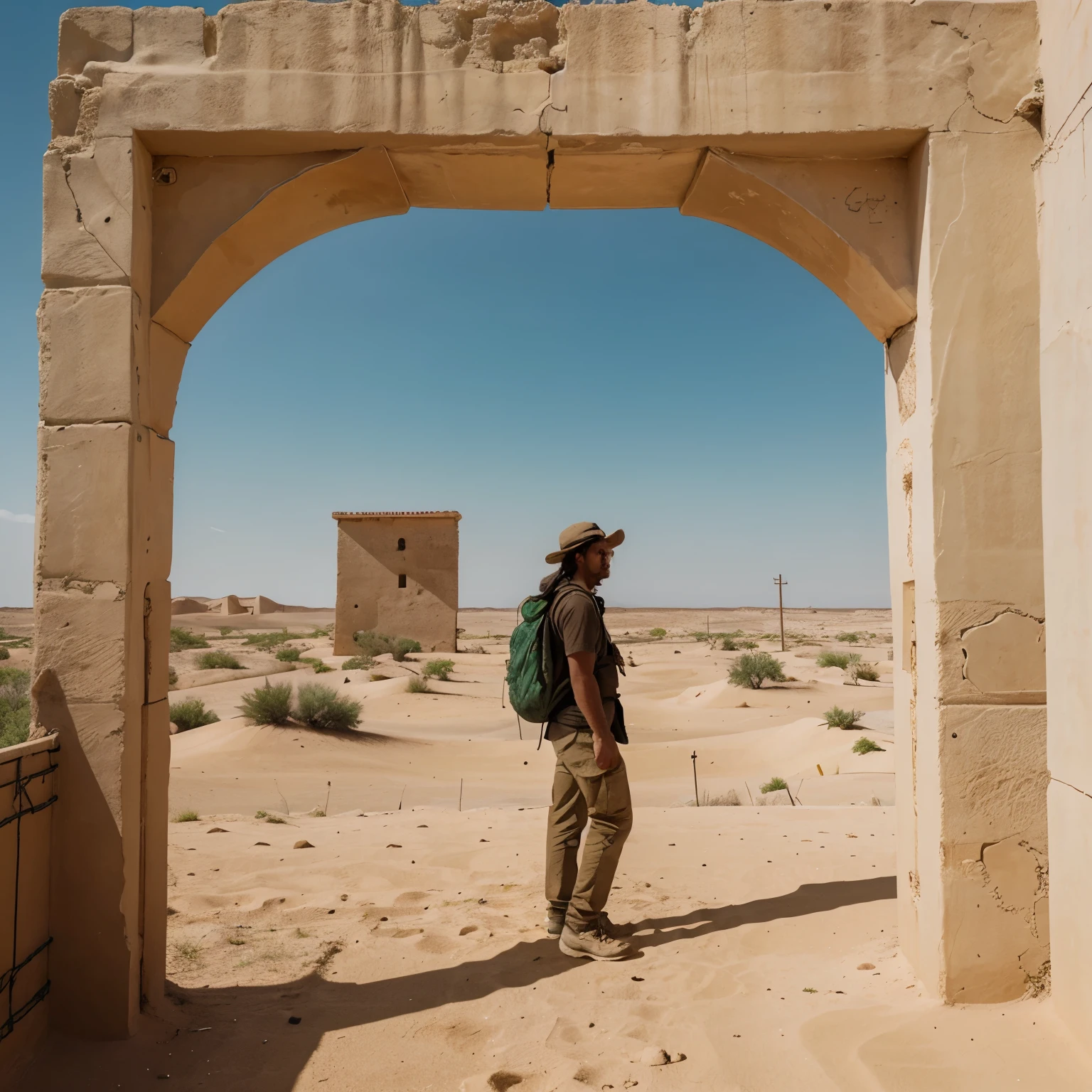 Hombre viendo una ciudad abandonada en el desierto sobre un camello