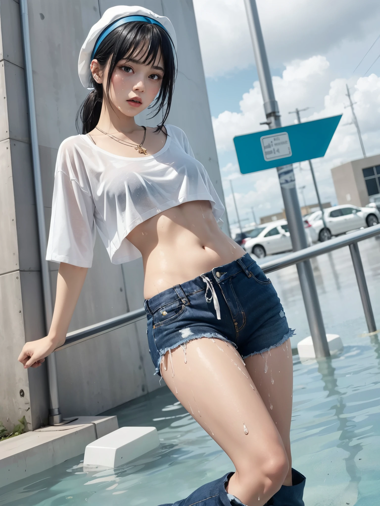 girl wearing a very wet clothing, BREAK, 1girl, wet t-shirt, wet skin, navel, wet purple underwear, pulled pants, star necklace, sad and afraid expression, black hairband, cute white hat, 