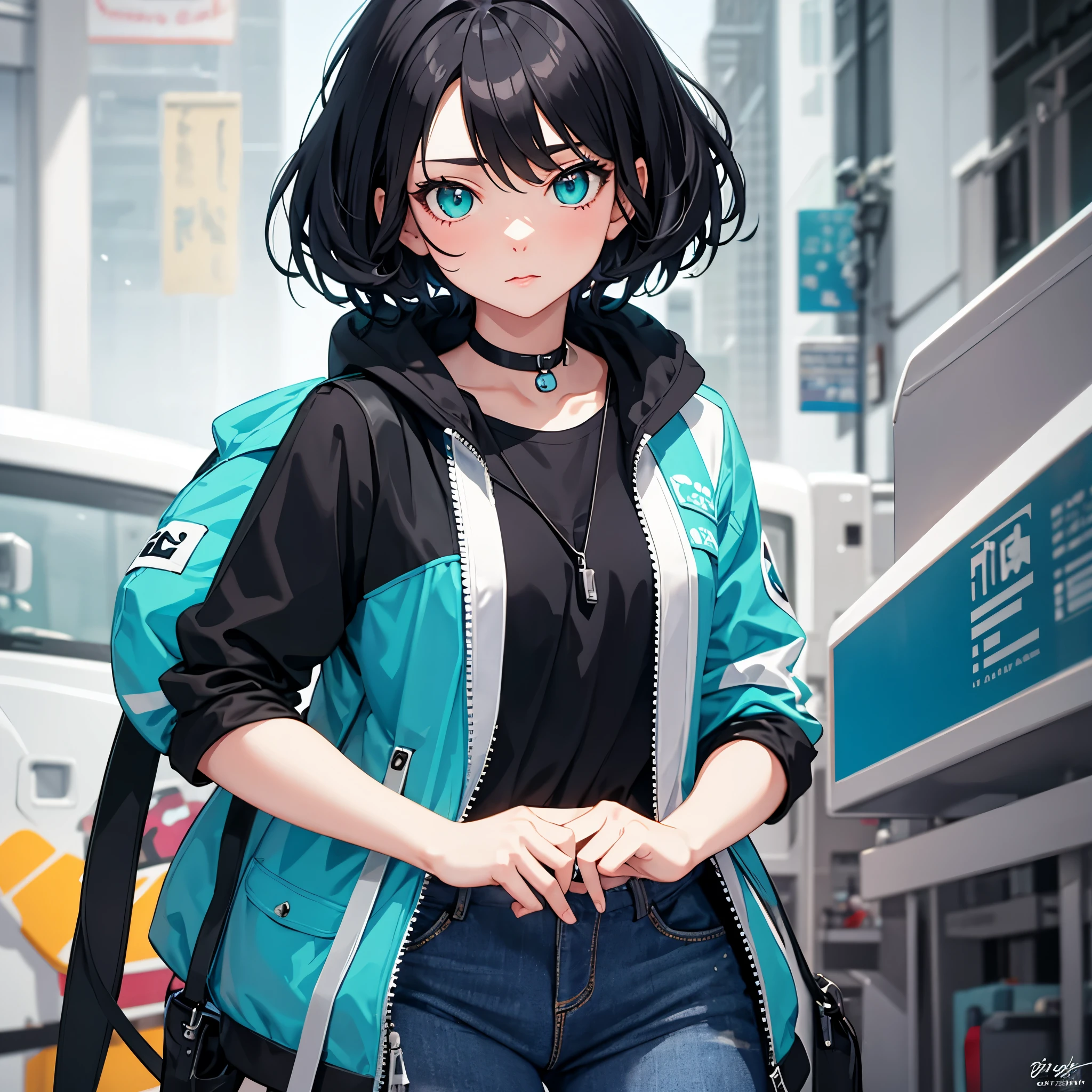 15 year old girl with turquoise eyes with short black hair combined with turquoise, vestida de color negro estilo anime boku no hero acamedia