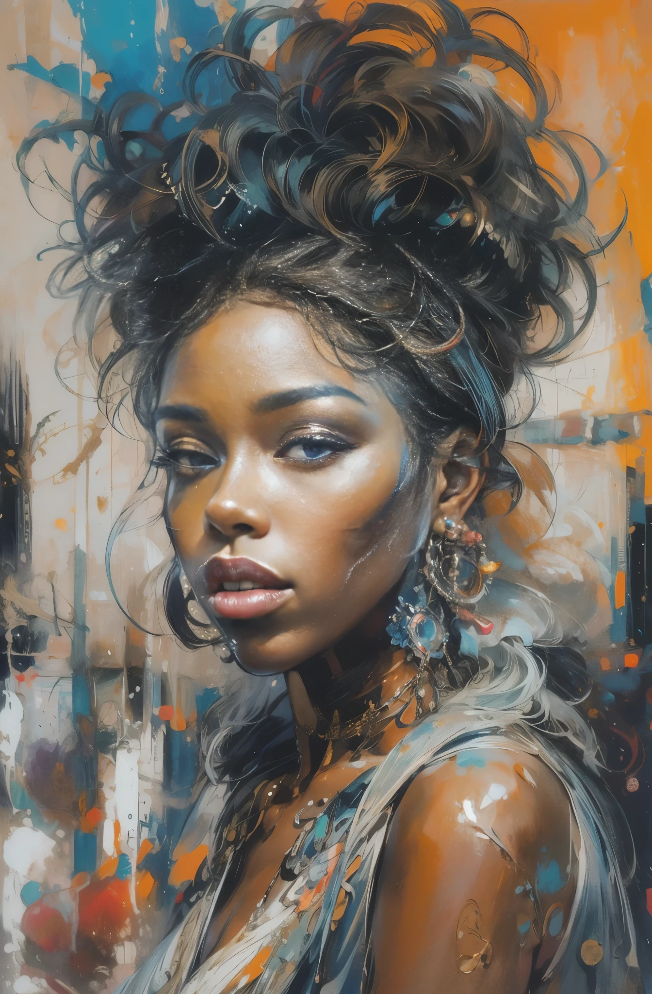 Beautiful Black Women Paintings, pretty much beautiful face, Female Rapper, Queen of Hip Hop, soulful, Avant-garde, Empress of the Streets, Street fashion guide, check it out, Ultra-detailed paintings inspired by WLOP, art station trends, fantasy art, A complicated mess, The art of hitting, wallop art, WLOP |, wallop style, beautiful character drawings, Wlop painting style, WLOP | germ of art, Unparalleled Beauty Tumbler, figurative art, intense watercolor, watercolor detailed art, watercolor splash, surreal, avant-garde pop art, Beautiful and expressive paintings, Beautiful artwork illustration, very colorful tones, wonderful, cool beauty, masterpiece, highest quality, official art, women only, sharp outline, best shot, vector art, Written by Sandra Chevrier, dave mckean、By Richard Avedon、Written by Makiezi Kusiala, luminous design