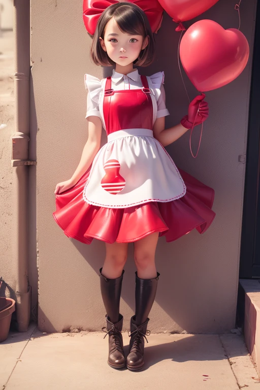 a 11 years old girls, (((she is having a red balloon))) , real photo, (((full body))), (looking above at me),  bob hair, big ribbon on he hair, (apron leather dress), boots,