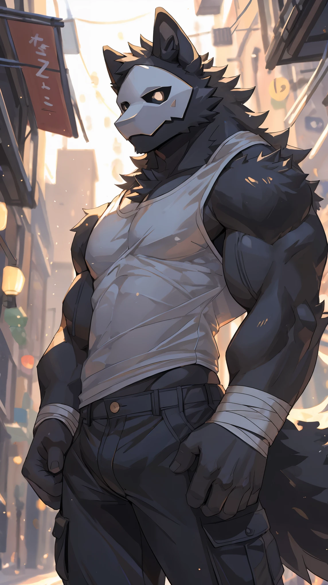 (furry_art), E621, adult content, mature, low-key light, by littleblackalas, NSFW, extremely_detailed, close up, drawing of puro (changed), (extremely detailed:1puro, mask, puro_(changed), adult), (dynamic posture: 1.5) anthro_wolf, arm bandages, black long cargo pants, large_bulge, bandages, tiny_head, bara, broad_shoulders, large_body, tail, very long legs, long arms, very tall, musculine_body, grey tanktop, (flexing position: 1.3), low camera angle, front_view_pov, open_legs, close_up_shot, warm_lighting, light_flare, volumetric_light, alleyway, street lights, Male focus, yofukashi background., Best quality, masterpiece, midsummer, expressive, (bokeh:1.3), depth of field.