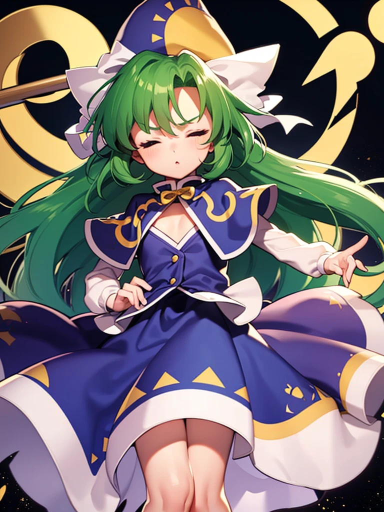 masterpiece, best quality, 1 girl, , , 10 years old, blue hat with a yellow sun pattern, long green hair, blue cape, blue cloak, blue clothes, white long sleeves, yellow ribbon, from behind, to lift up one’s skirt, cowboy shot, from front, standing , raise one leg, crossed arms, arms up behind, arms behind back, hand between legs, put hands hip, one hand on hip, forward hands, arms raised in the air, punch hands, peace_sign, waving, put up index finger, sit, lie down, closed eyes, lie face down, looking back, put one hand chest, leaning forward,cleavage,close up, horizontally outstretched arms, horizontally outstretched legs, front view, front face