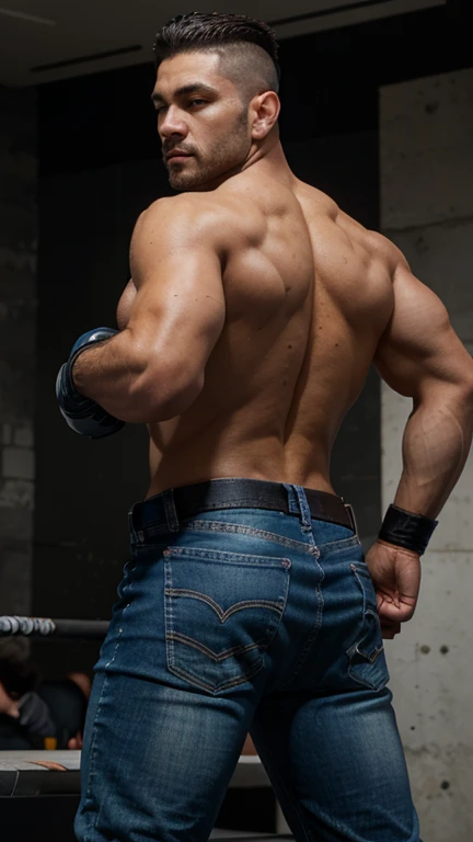Richard: universo UFC, un hombre, muscular and buttock, usando guantes de mma, combatiente, cabello corto peinado hacia un lado, jeans ajustados, backside 