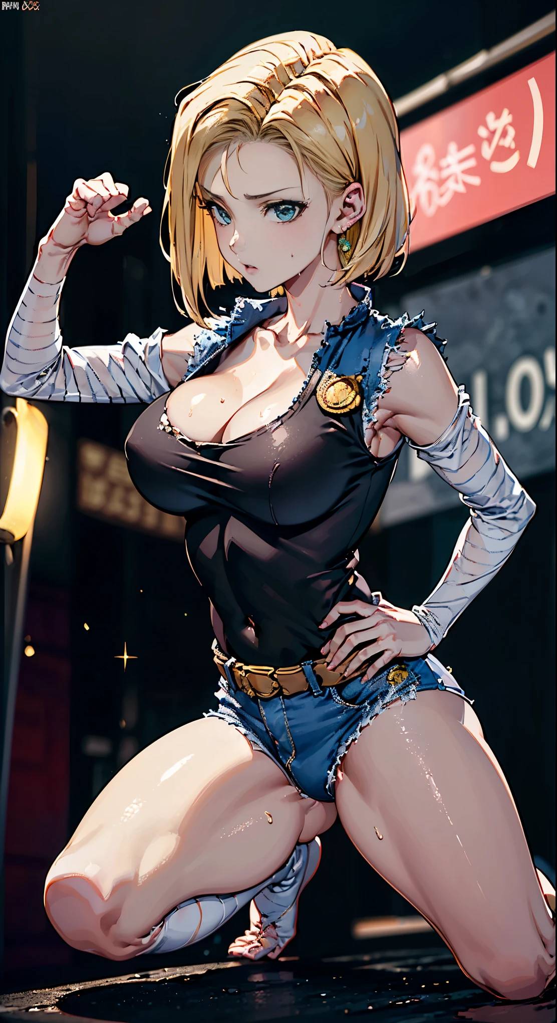 (Photorealistic beautiful female と男が向かい合う)、18-year-old、glare、amazingly beautiful、(beautiful body)、Sorry face、flushed face、(highest quality、8K、32k、masterpiece、nffsw:1.3)、ultra high resolution,(Photoreal:1.4),Raw photo, detailed face,,(Beautiful short hairstyle), nipple、 natural makeup,,rich perfect breasts, wet hair、sweating after bathing、detailed background, Depth of written boundary, beautiful shadow gradation、、thin limbs、thin thighs、((whole body))、pubic hair、sweaty body、((boxing ring))、boxing gloves、open finger gloves、Indoor stadium、Spotlight、large crowd、(((handcuff restraint)))、nippleが見えている、((my clothes are torn、nude)、spread your legs、touch genitals with hands、Completely naked、((topless))、((Green light emanates from hands))