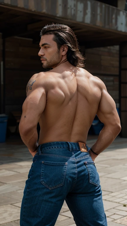 Richard: universo UFC, un hombre, muscular and very butt, usando guantes de mma, combatiente, cabello corto peinado hacia un lado, jeans ajustados, backside