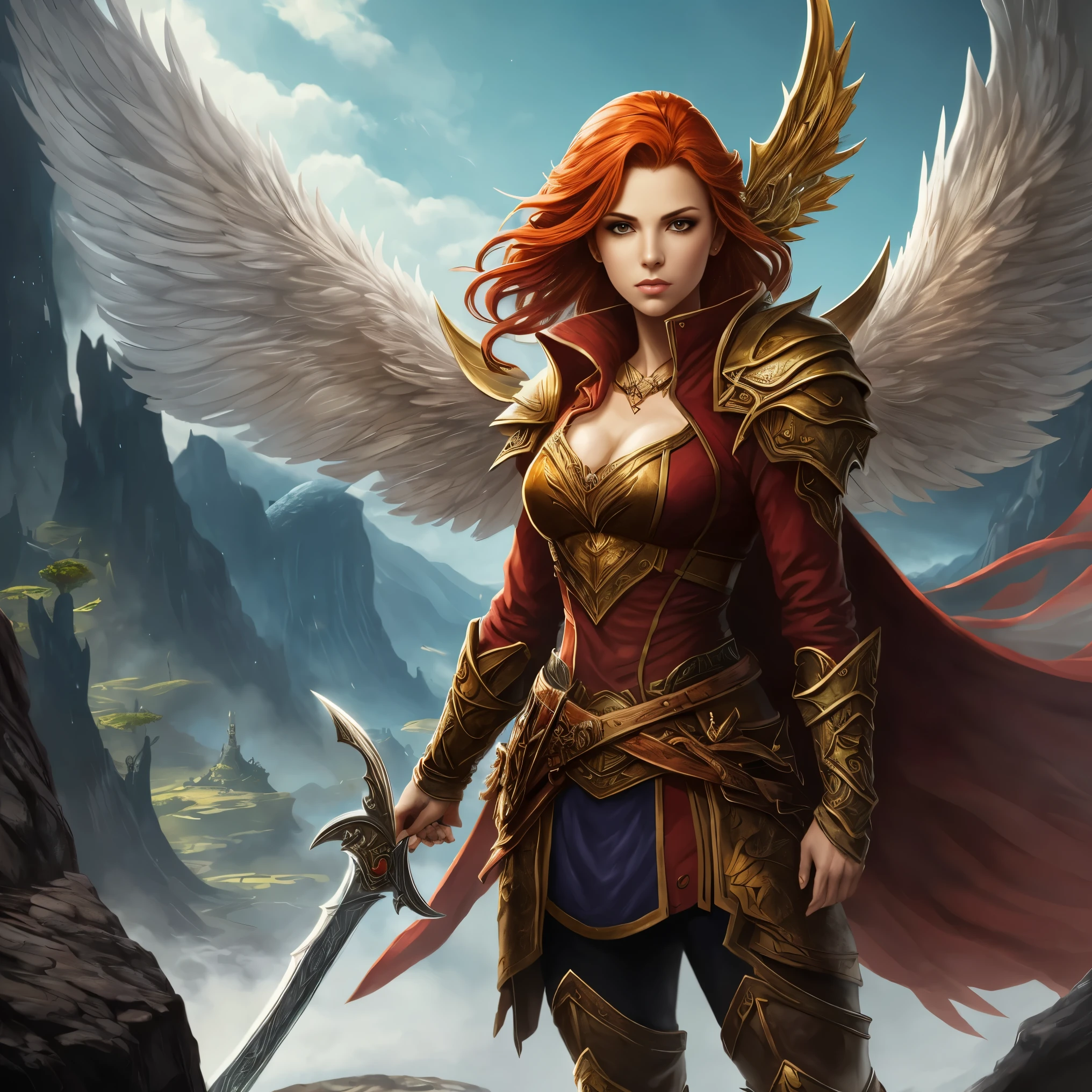 Uma mulher com espada e asas em frente a uma montanha, do cavaleiro do anjo, like a mystical valkyrie, artegerm , epic fantasy character art, arte de fantasia de alta qualidade, epic fantasy digital art style, arte do personagem de fantasia, female redhead templar, fantasia paladin mulher, Arte do Jogo de Cartas de Fantasia, artegerm extremamente detalhado
