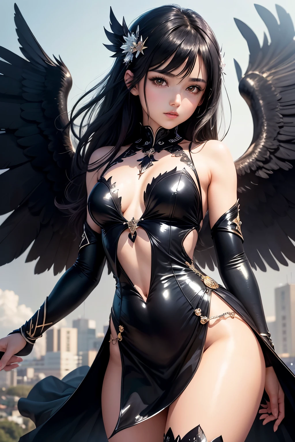 high resolution　beautiful skin　detailed picture　pretty girl　small breasts　black hair　Glittering dresses　Tsubasa　Crow's Wings　sky