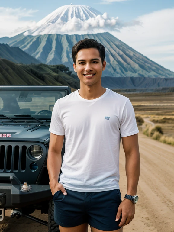((masterpiece)), ((best quality)), (best male portrait), standing pose, perfect eye detail, perfect face detail, very detailed nose, open mouth, radom colored shorts, perfect teeth, perfect face, depth of field, height, ((real skin texture)), (proportional hands), thin lips, random hair color, standing in front of a black Jeep Wrangler, thin waist, Mount Bromo in East Java in the background.