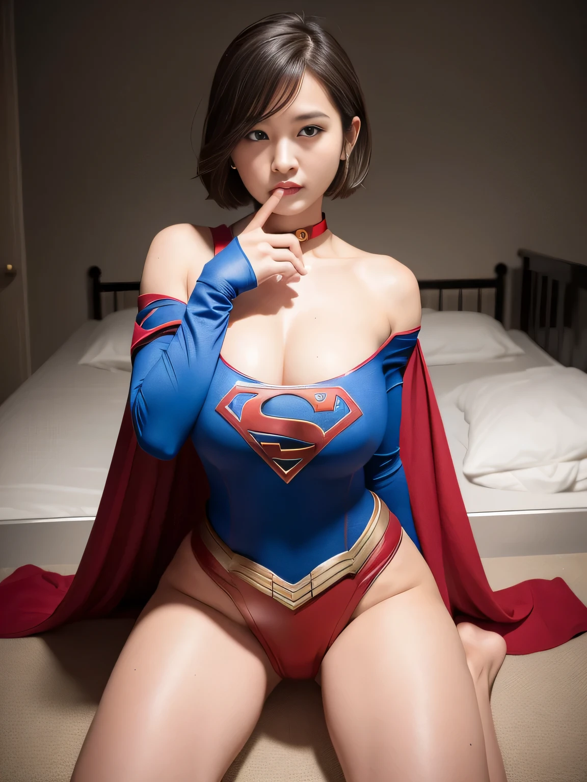 masterpiece、supergirl costume、short hair、barefoot、big and full breasts、research facility、operating table、spread legs、Oily Skin、shiny、look at the camera、Sexy poses to seduce、model body shape、choker、long sleeve、red mini skirt、Cowgirl、Estrus、sweaty、Radical、off shoulder、Glamorous、charming、charm、
