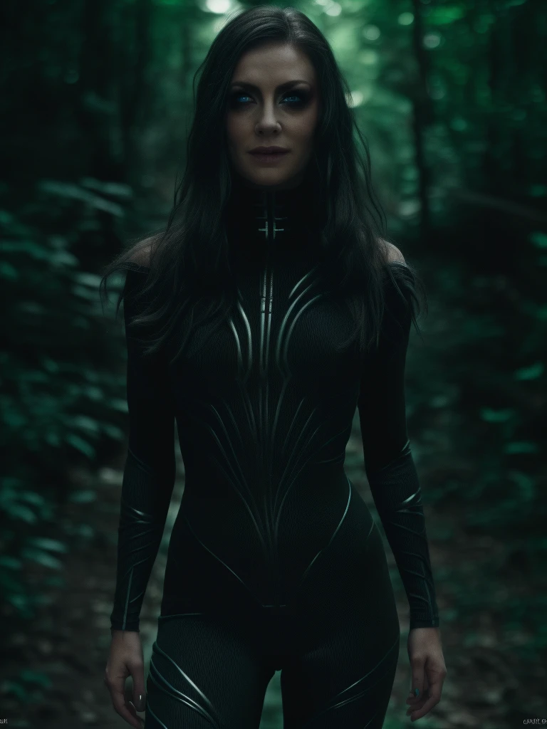 Best_QualityPos, RAW photo, intricate details, best quality, 8k uhd, soft lighting, 1girl, solo, black hair, long hair, With a suit, Blue eyes, forest