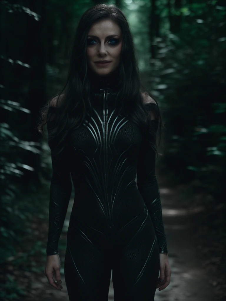 Best_QualityPos, RAW photo, intricate details, best quality, 8k uhd, soft lighting, 1girl, solo, black hair, long hair, With a suit, Blue eyes, forest