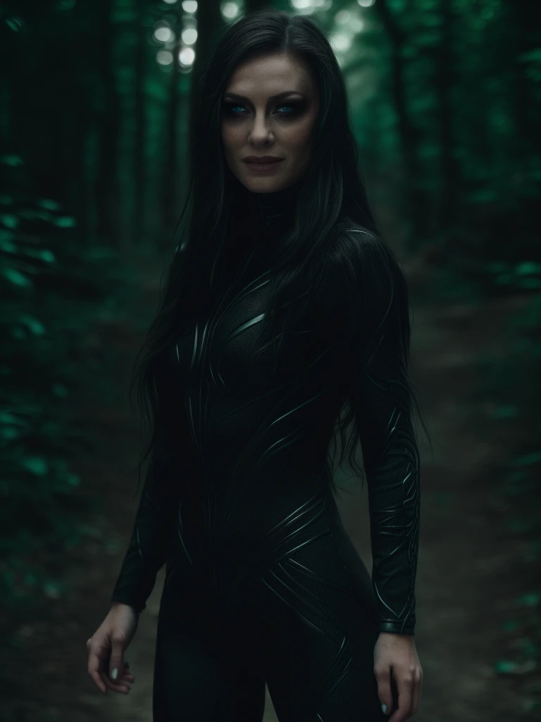 Best_QualityPos, RAW photo, intricate details, best quality, 8k uhd, soft lighting, 1girl, solo, black hair, long hair, With a suit, Blue eyes, forest