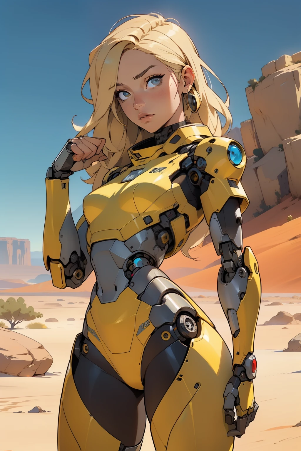 high quality, 4k, masterpiece, beautiful, cyborg girl, cowboy shot, dull eyes, front, looking at viewer, long blonde hair, girl, small breasts, fit thighs, robotic arms, robotic body, cyborg body, yellow uniform, red accent, intricate detail, joint, detailed lines, robotic detail, holding fist up, holding hand up as fist, color robotic parts, robotic parts with color, perfect fingers, on a desert planet, sunny background, colorful desert, a river or a lake in the background