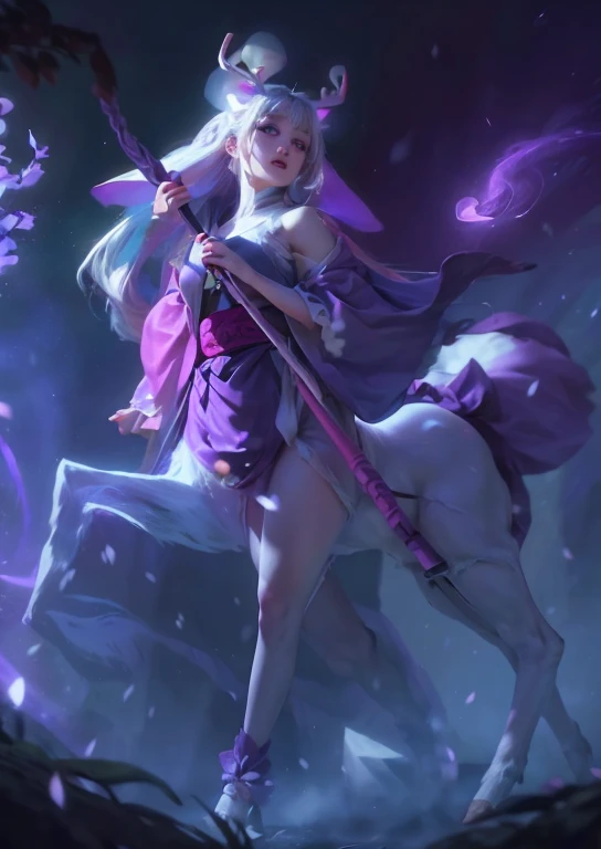 (Realistic:1.3), Texture,(purple eyes), (White deer),(A young girl holding a staff in purple clothes and white deer feet:1.3), Lovely, long white hair, Pink antlers on head,pink lipstick, kimono,  Cherry blossoms fluttering,high detail