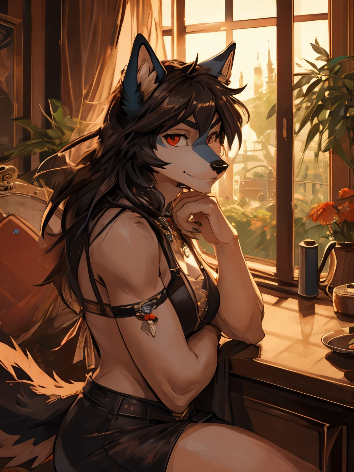masterpiece,best quality, 1 girl, alone, faint smile, faint smile, cherry, Dappled sunlight, Butterfly, grass animal ears,wolf ears,long hair, Tail, wolf Tail, Red eyes, wolf girl,brown hair,,