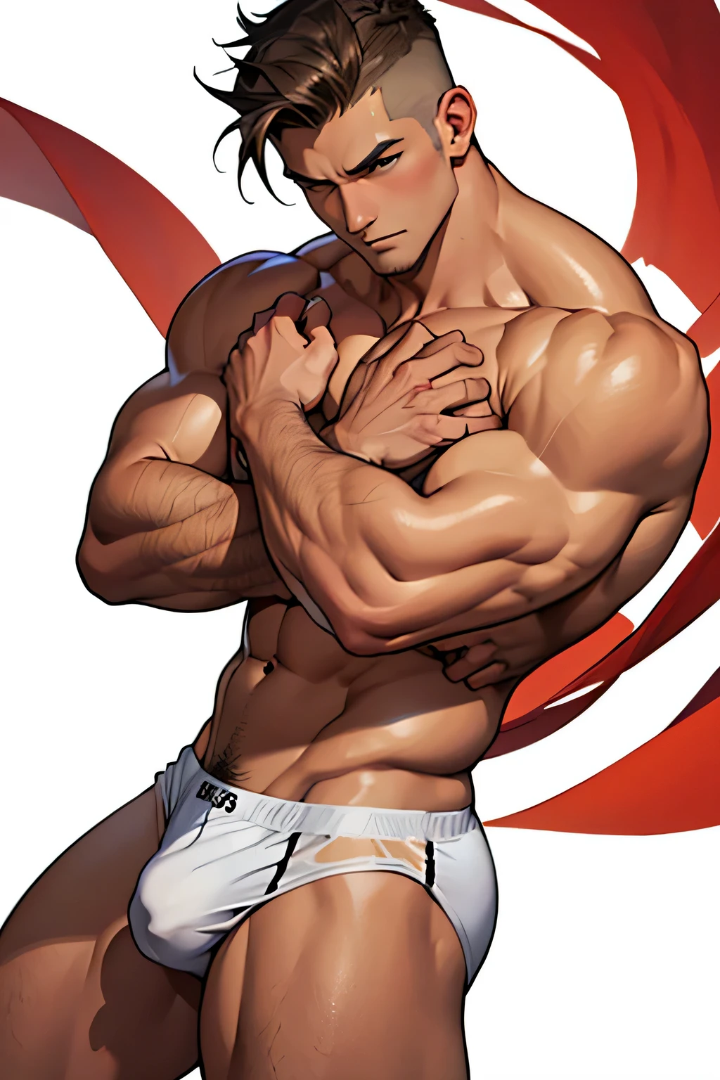 Handsome, muscular body,full ody, shirtless, muscular arms, fit physique,six pack abs, big hands,muscular chest, naked, wearing white speedo,white background,neutral expression,tan skin, dynamic pose