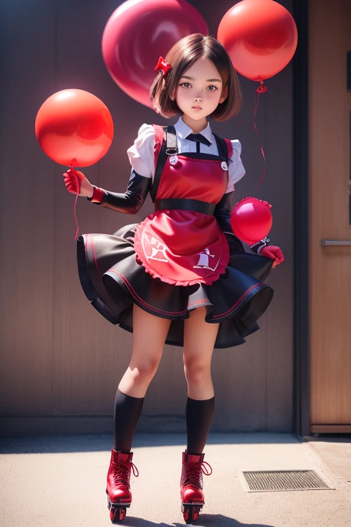 a 11 years old girls, (((she is having a red balloon))) , real photo, (((full body))), (looking above at me),  bob hair, big ribbon on he hair, (apron leather dress), boots, roller skates