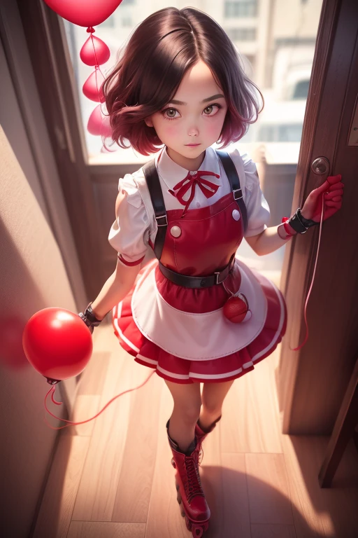 a 11 years old girls, (((she is having a red balloon))) , real photo, (((full body))), (looking above at me),  bob hair, big ribbon on he hair, (apron leather dress), boots, roller skates