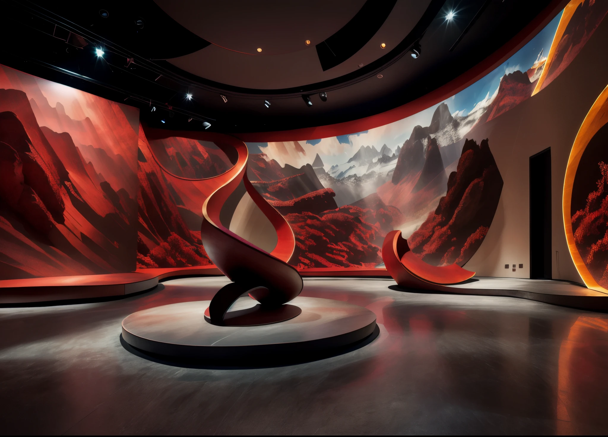 Immersive art exhibition design,Virtual Reality Experience China,以抽象sculpture、interactive、Features lights and red mountain。Room、streamline、projection、Bright colors and shapes、sculpture、big screen、Four-dimensional space、Round wire、Anti-Japanese Snow Mountain Scene Video、perspective、Standing on a circular pedestal。best quality, Surreal,