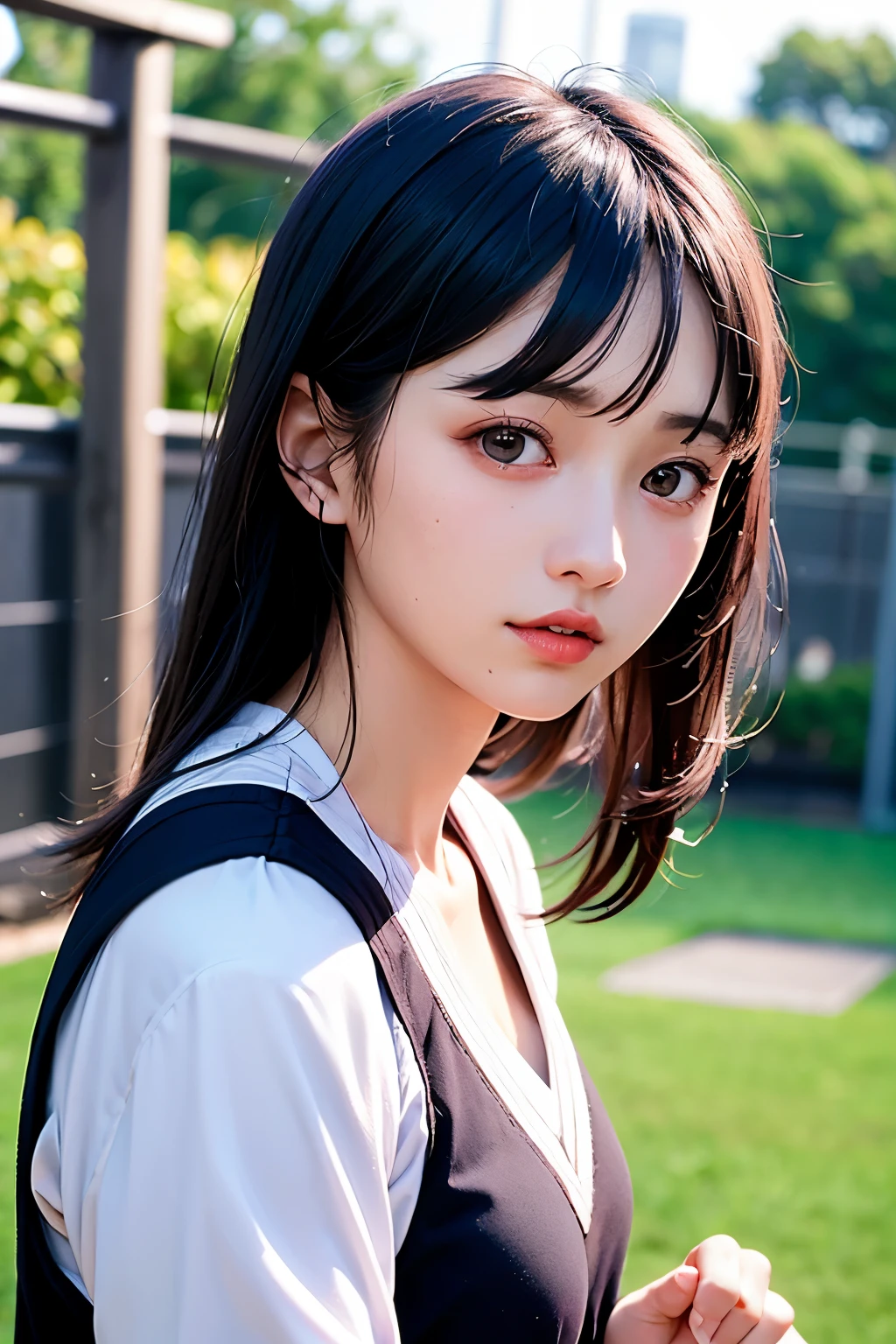 (1 nogizaka girl,raw photo,photo realistic:1.5),(best quality, high quality,HDR, highest quality,ultra high resolution,high resolution,high res,ultra high difinition,huge file size,8K,2K wallpaper,8K wallpaper,high quality texture,amazing,an extremely delicate:1.4),one girl, Japanese famous idol,beautiful face,small face,absurd,ridiculous,incredibly ridiculous,portrait,breasts close up,blurry background,(school uniform,no makeup:1.2),medium skin,beautiful skin,detailed skin,small head,black hair,silky hair,(Japanese eyes:1.3),detailed eyes,black eyes,Japanese idol eyes,monolid eyes,Japanese nose,5-fingers,(eyebrow:-0.5),(Light Particles, Lens Flare, Luminous Particles: 0.7),looking at viewer,bright lighting,professional lighting,girl