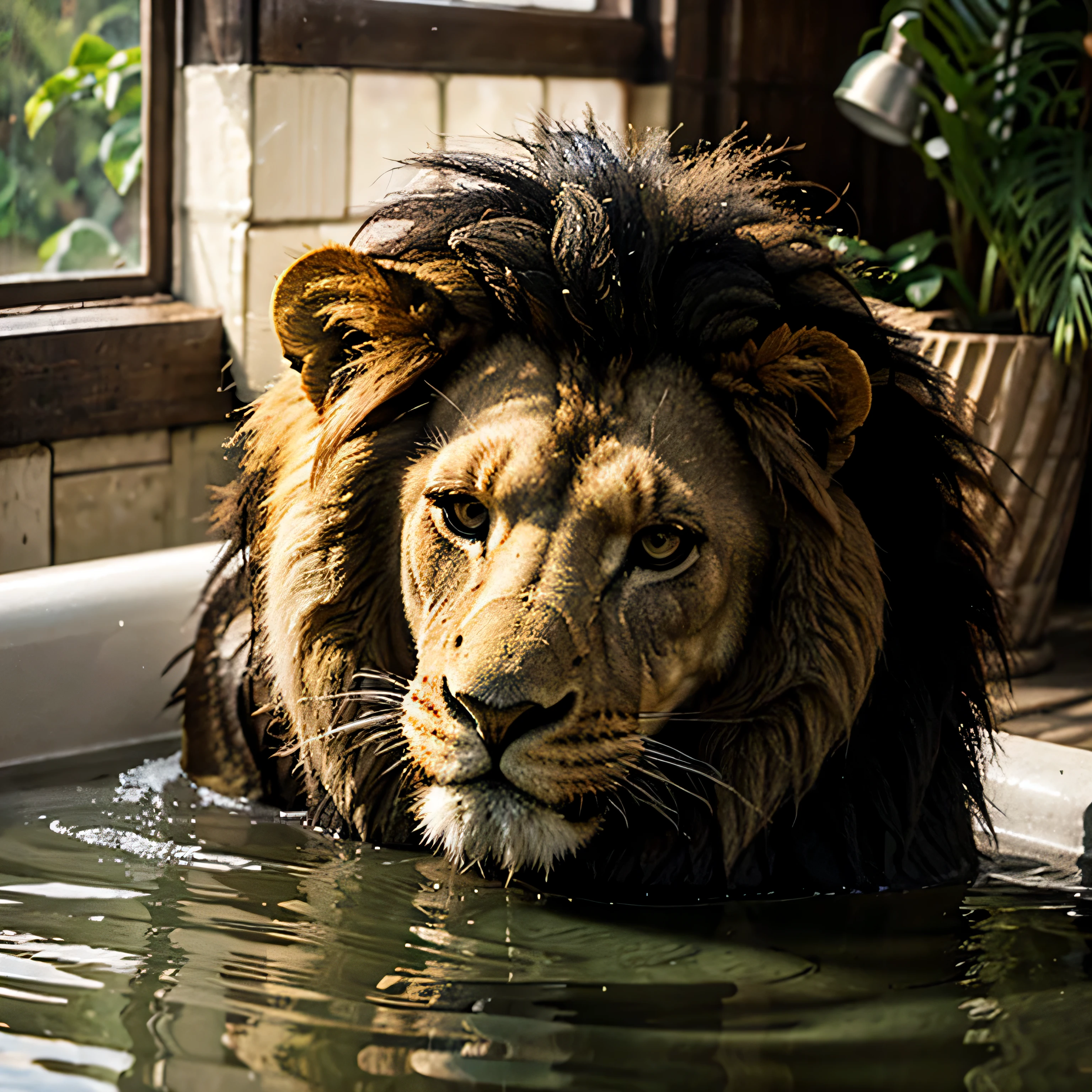 Lion is bathing in diesel
