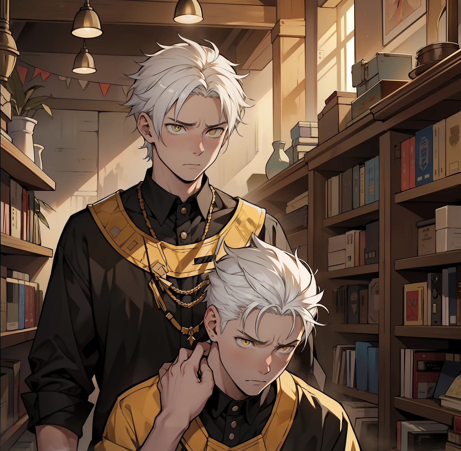 He is a 16-year-old boy, white hair, big yellow eyes, he is nervous, tense, worried, he is afraid.