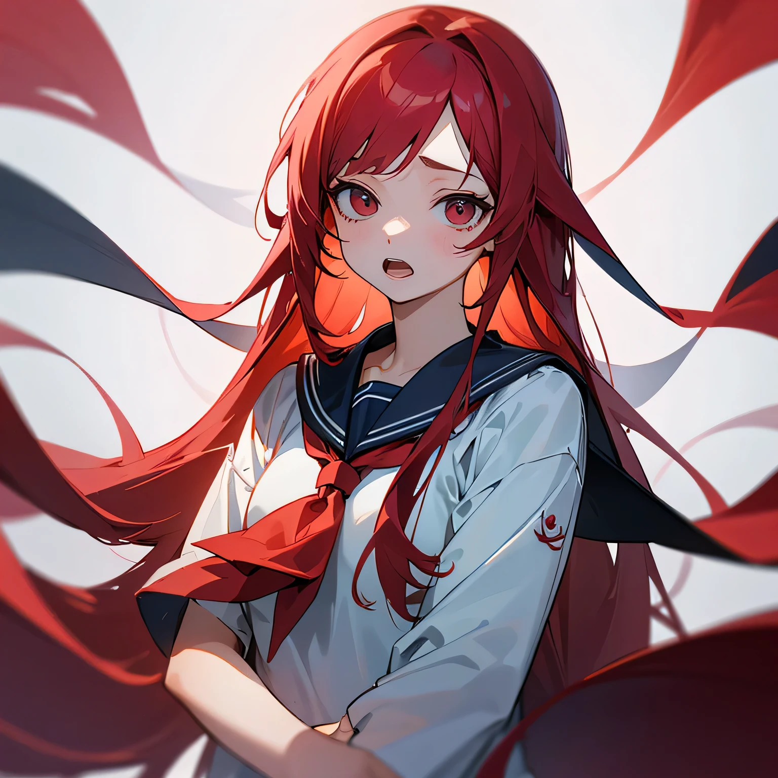 Red long hair girl,Wear a sailor suit,Nervous and afraid to speak,Open your mouth,upper body front