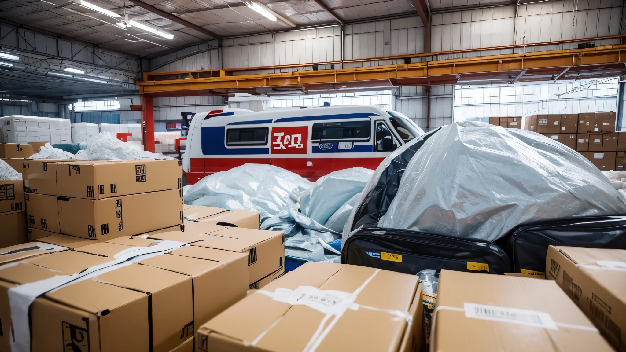 Design a scene where express parcels are piled up like a mountain,The package has the words "China Express Development Index" and an upward arrow,There is a busy sorting line and couriers in the background,Titled "China's express delivery industry boomed in March,The index increased significantly by 24% year-on-year.2%”。